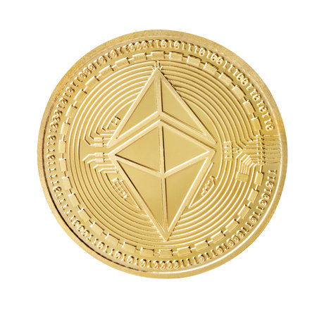 Close up of a crypto currency coin ethereum on a white background