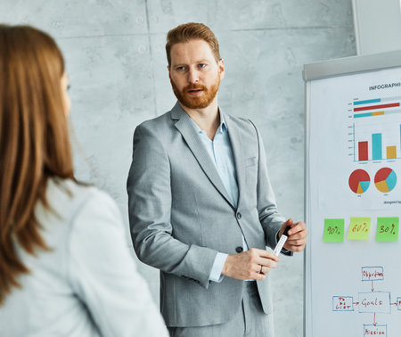 Group of young and senior business people having a meeting or presentation and seminar with whiteboard in the office. Teamwork and success conceptの写真素材