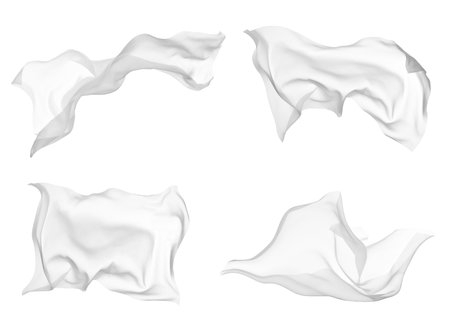 close up of a white fabric cloth flowing on white backgroundの写真素材