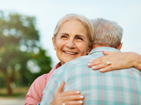 Happy active senior couple having fun outdoors. Portrait of an elderly couple togetherの写真素材