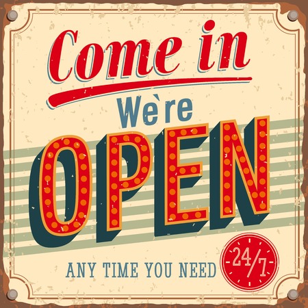 Vintage card - Come in we're open. VEctor illustration.のイラスト素材