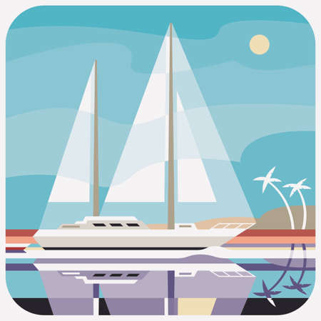 Travel Icon, representation of famous city in colorful vector of a yacht in a beach.のイラスト素材