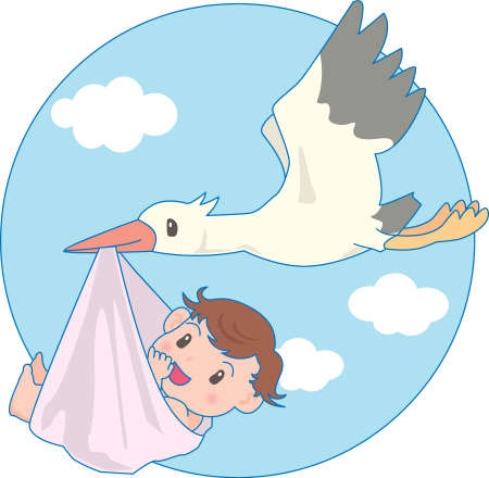 Vector Illustration of an happy baby carried by storkのイラスト素材
