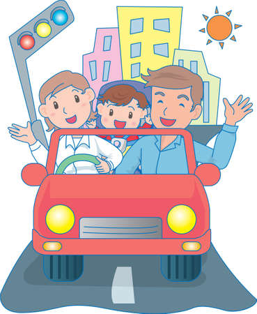 Vector Illustration of an happy family driving in a carのイラスト素材