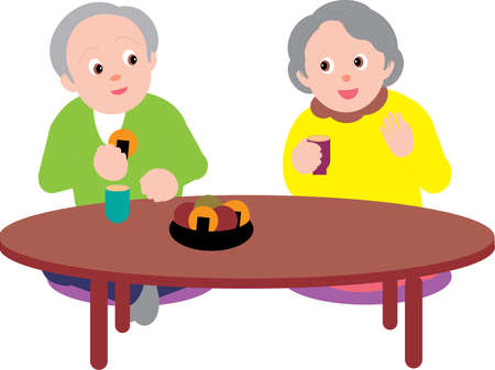 Vector Illustration of an old couple having tea and snacks together.のイラスト素材