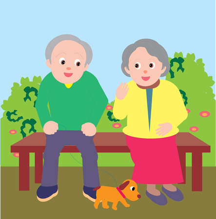 Vector Illustration of an old couple sitting on a bench in a park.のイラスト素材