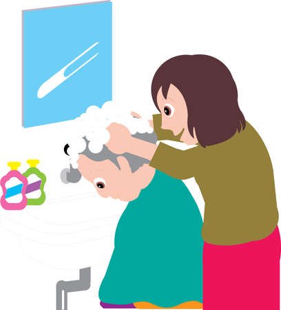 Vector Illustration of a woman washing hair of an old woman.のイラスト素材