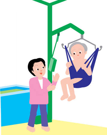 Vector Illustration of a son helping his old aged mother with electronic lift.のイラスト素材