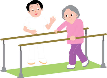 Vector Illustration of a physiotherapist helping an old woman in exercising and walking with support.のイラスト素材