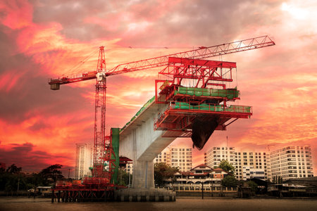 sky train under construction at twilightの写真素材