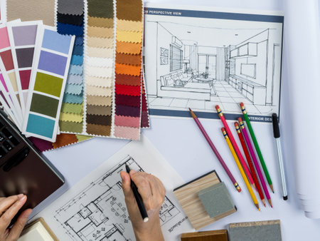 Top view of architects hands drawing of modern house with material sample on creative deskの写真素材