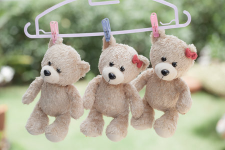Little teddy bear on clothes line, Vintage Styleの写真素材