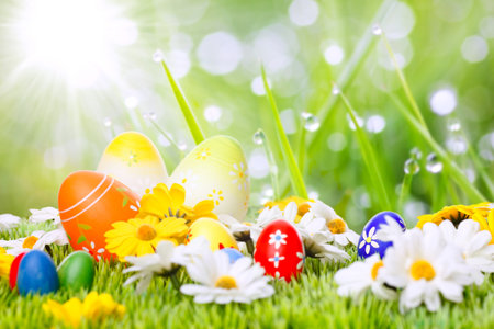 Basket with easter eggs on beautiful Background