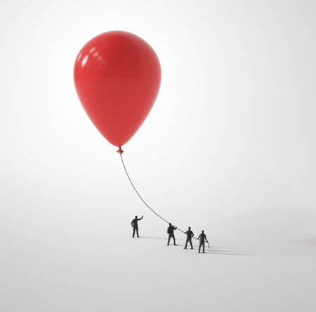 Tiny people holding a balloon