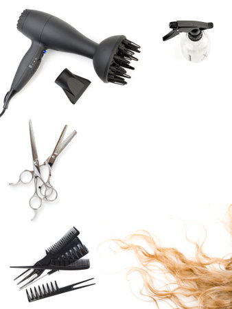 "hair salon frame set of combs, scissors and hairdryer, hairstyle accessories"の写真素材