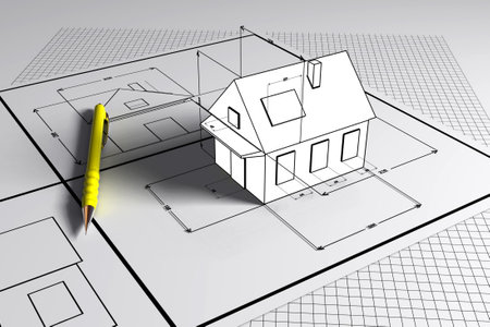 Blueprint style 3D rendered house. Blue shading on white background.の写真素材