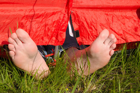 Resting in tentの写真素材