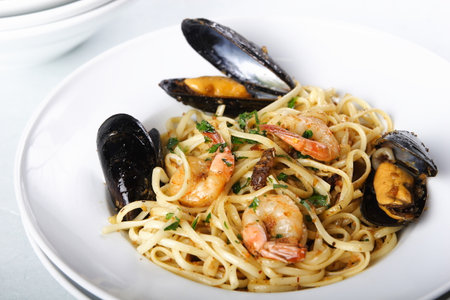 yummy italian pasta with seafoodの写真素材