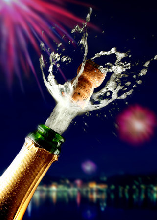 Close up of champagne cork poppingの写真素材