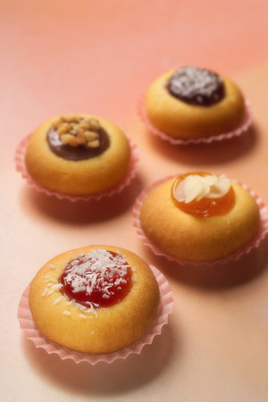 Jam bisquits - strawberry, Cocco, Almonds, peach, apricot, choccolate - Still life - foodの写真素材