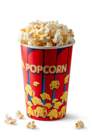 Full bucket of popcorn. Isolated on white.の写真素材