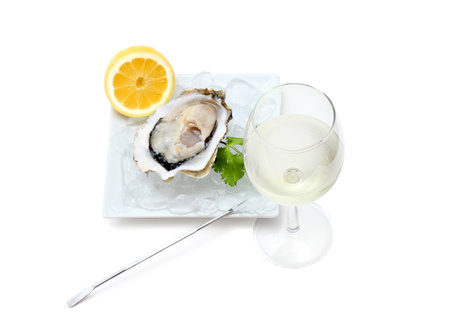Oyster on ice and with a piece of lemon and wine.の写真素材