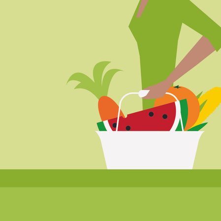 Young woman carrying fruits and vegetables in a basket after shopping. Modern Life style in an urban city vector Illustration.のイラスト素材