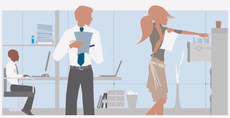 Two young people in working environment conversing while working. Modern Life style in an urban city vector Illustration.のイラスト素材
