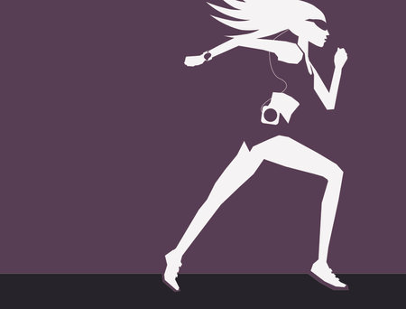 Girl running for fitness while listening to music. Modern Life style in an urban city vector Illustration.のイラスト素材