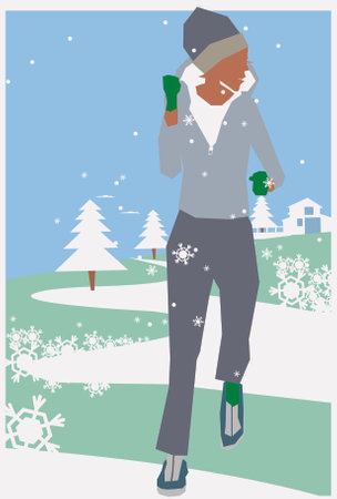 Girl running outside while it is snowing. Modern Life style in an urban city vector Illustration.のイラスト素材