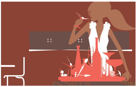 Young girl tasting the cocktail drinks from the bar. Modern Life style in an urban city vector Illustration.のイラスト素材