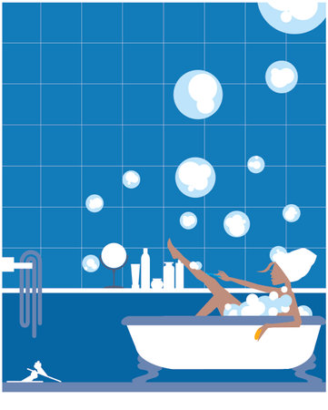 Young girl enjoying a bubble bath in a bath tub. Modern Life style in an urban city vector Illustration.のイラスト素材
