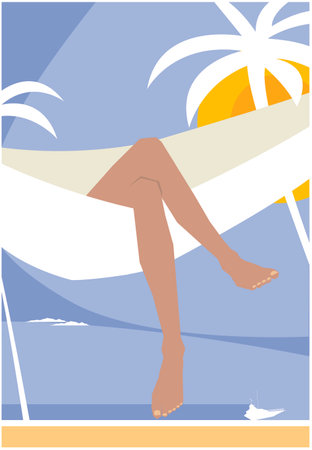 young girl relaxing at the beach sun bathing. Modern Life style in an urban city vector Illustration.のイラスト素材