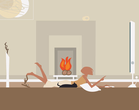 Young woman watching television lying on the rug in the living room of her luxuruous apartment. Modern Life style in an urban city vector Illustration.のイラスト素材