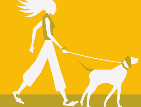 Girl walking her dog outside on a leash. Modern Life style in an urban city vector Illustration.のイラスト素材
