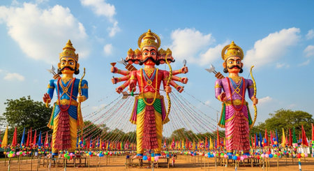 A vibrant cultural image that captures the anticipation of Dussehra celebrations, with grand effigies ready for the ceremonial burning that marks the symbolic destruction of evil.の写真素材