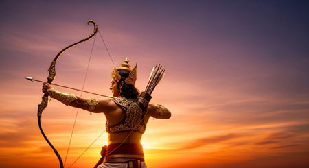 A striking artistic scene that captures the heroic and spiritual significance of Rama during...
