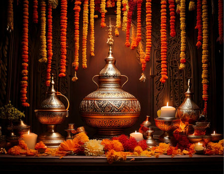 high-quality stock image of authentic indian decor with brass lamps, flower garlands, and sacred kalash used in festivals. ideal for holiday cards, social media, and promotional campaigns.の写真素材