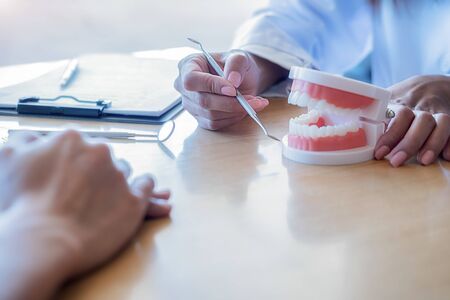 Dentist showing and explaining teeth disease treatment to patient using teeth model denture and explorer mirror tool in dental clinic office. Healthcare concept.の写真素材