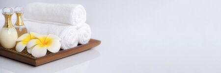 Spa treatment concept. Spa background with spa accessories on white background.の写真素材