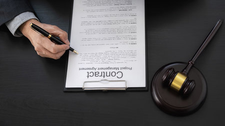 Professional lawyer considering with contract papers in courtroom. Justice, Law, Attorney and Court...