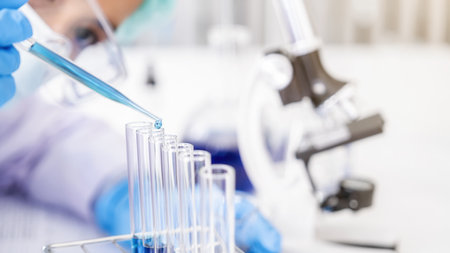 Scientist dropping a sample into a test tube with dropper in pharmaceutical research laboratory. Innovation Concept.の写真素材
