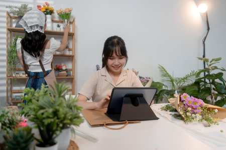 Gardeners florist at her own floral shop taking care of flowers.の写真素材