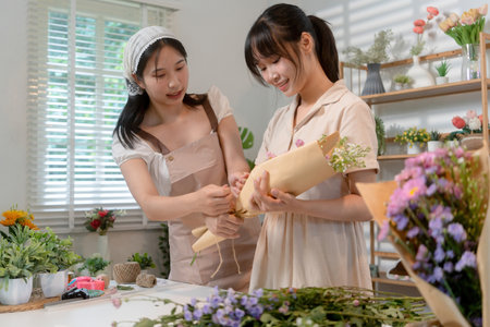 Gardeners florist at her own floral shop taking care of flowers.の写真素材
