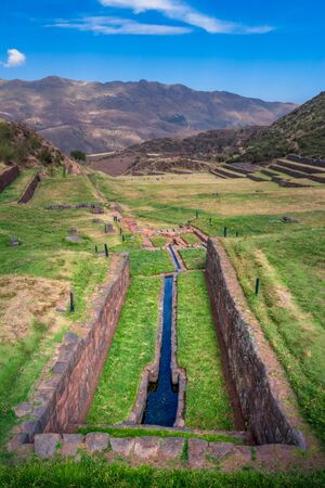 View on the water canals, irrigation system used by Incas. Tipon Ruins in Cusco Peru.の写真素材