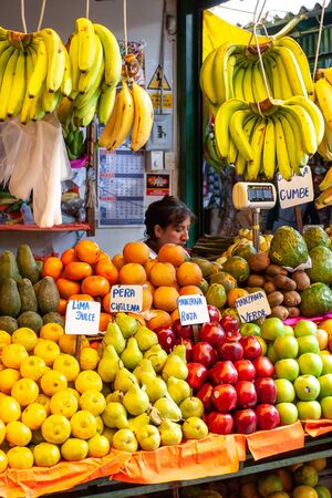 Lima / Peru - May 20.2008: View on the market stand filled with colorful fruits such as bananas, aples lemons and the Latino woman, seller standing behind the counterのeditorial素材