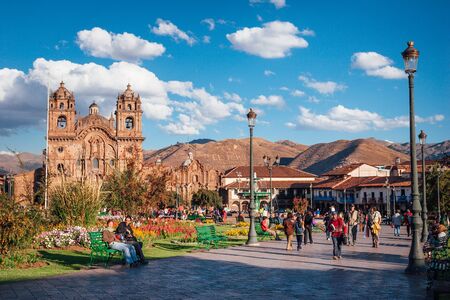 Cusco / Peru - May 26.2008: View from the main square on the Medieval Cathedral located on the Plaza de Armas. Built in 1560 is the mother church of the Roman Catholic Archdiocese of Cuzco. Daytime.のeditorial素材