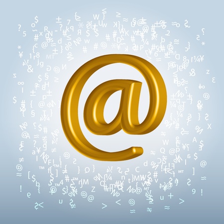 Golden shining metallic email symbol hanging in space backlit over characters splash backgroundの写真素材