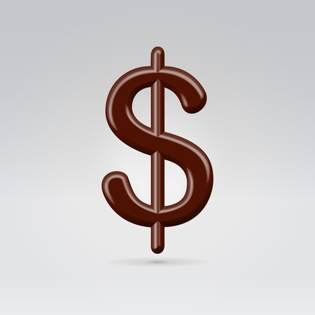Sweet glossy chocolate dollar sign hanging in the light backgroundの写真素材