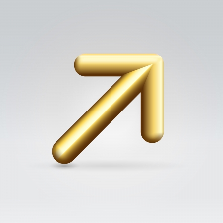 Golden shining rounded polished metallic arrow pointing right up over light neutral backgroundの写真素材